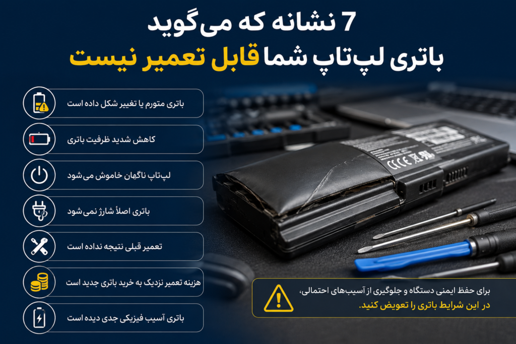 ۷ نشانه که می‌گوید باتری لپ‌تاپ شما قابل تعمیر نیست